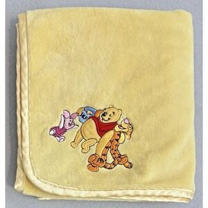 Disney Winnie Pooh Tigger Embroidered Y2K Vintage Baby Blanket Yellow Satin Trim